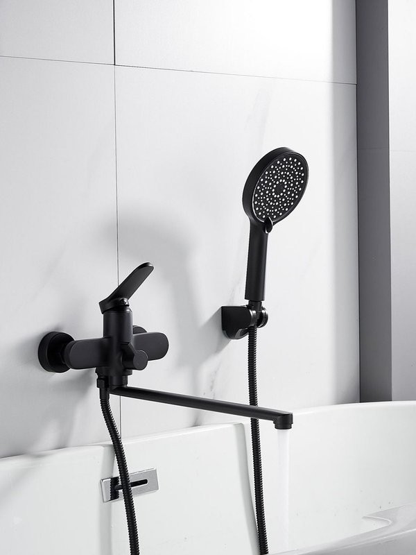 Смеситель для ванны с длинным изливом и лейкой (кран для ванны) Shevanik S4322H, черный