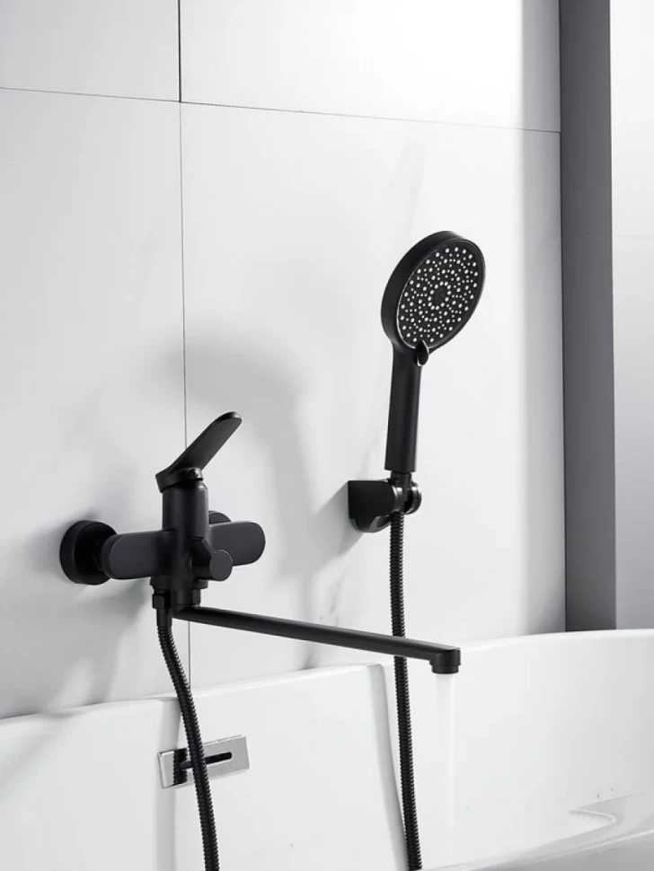 Смеситель для ванны с длинным изливом и лейкой (кран для ванны) Shevanik S4322H, черный
