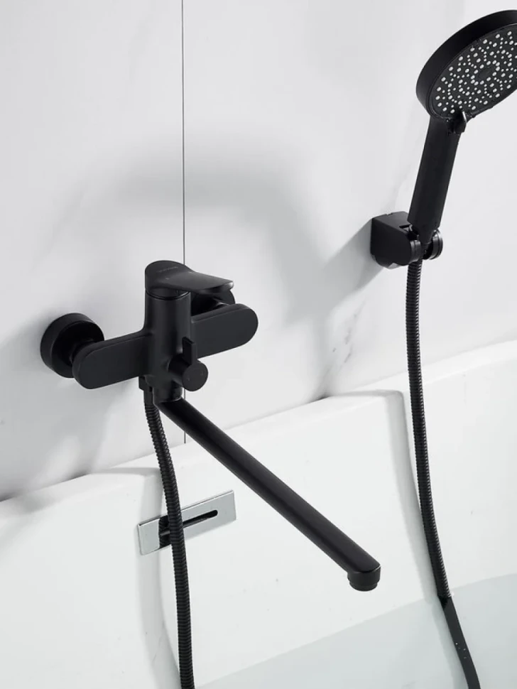 Смеситель для ванны с длинным изливом и лейкой (кран для ванны) Shevanik S4322H, черный