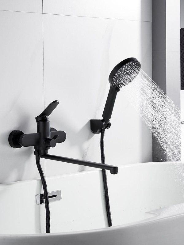 Смеситель для ванны с длинным изливом и лейкой (кран для ванны) Shevanik S4322H, черный