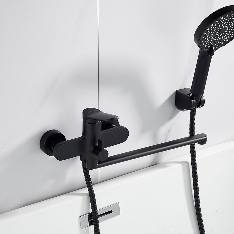 Смеситель для ванны с длинным изливом и лейкой (кран для ванны) Shevanik S4322H, черный