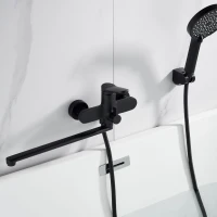 Смеситель для ванны с длинным изливом и лейкой (кран для ванны) Shevanik S4322H, черный