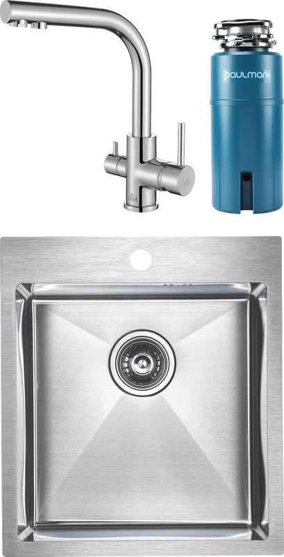 Комплект Мойка Paulmark Kroner PM214551-BS брашированная нержавеющая сталь + Смеситель Essen 213011-СR хром + Измельчитель Intenso
