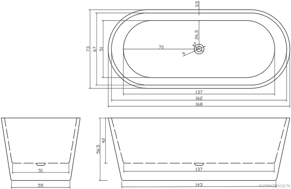Акриловая ванна Ceruttispa Resia 170x75 см, отдельностоящая, черная, овальная, с каркасом, со сливом-переливом