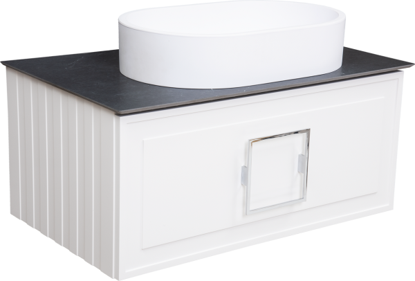 Тумба с раковиной La Fenice Cubo 80 подвесная, bianco, ручка хром, столешница черный мрамор, раковина матовая белая