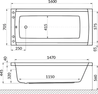 Акриловая ванна Excellent Aquaria Line Nano 160x70 см, встраиваемая, с гидромассажем, белая, с каркасом, со сливом-переливом, фурнитура золото