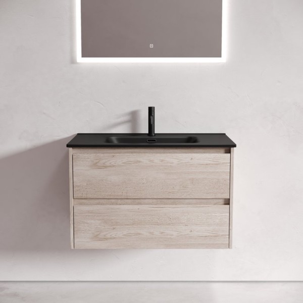 Тумба с раковиной Sancos Libra 80 дуб галифакс натуральный, черная раковина CN7005MB