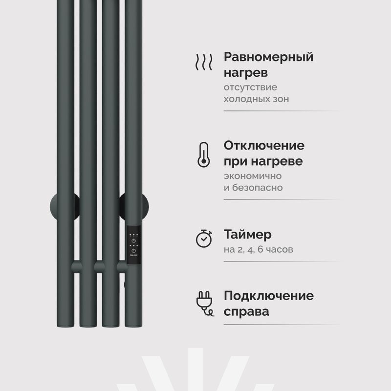 Полотенцесушитель электрический EWRIKA Пенелопа V 120, графит, матовый, вертикальный, узкий, с терморегулятором