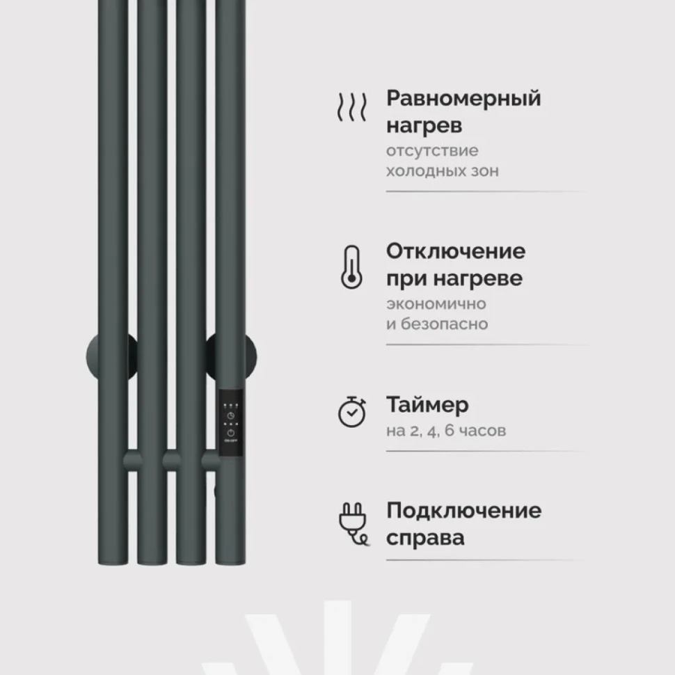 Полотенцесушитель электрический EWRIKA Пенелопа V 120, графит, матовый, вертикальный, узкий, с терморегулятором