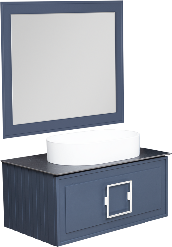 Мебель для ванной комнаты La Fenice Cubo 100 подвесная, синяя, ручка белая, столешница черный мрамор, раковина матовая белая
