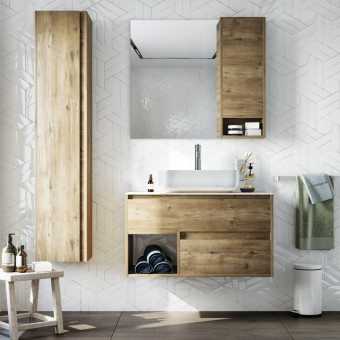 Мебель для ванной STWORKI Карлстад 90 дуб рустикальный, простоун беж, в стиле лофт, подвесная, российская