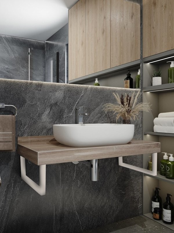 Столешница с раковиной Teymi Helmi 100 дуб кашмир, раковина Solli 61,  с белыми кронштейнами