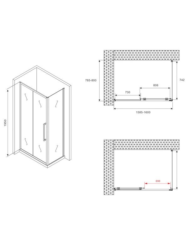 Душевой уголок Abber Schwarzer Diamant AG30160BMH-S80BM 160х80 см, профиль матовый черный, стекло матовое