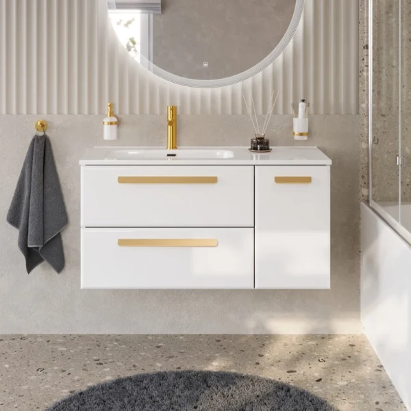 Тумба с раковиной Cezares Eco Cer-N 100 L 2 ящика, 1 дверца, bianco lucido, раковина Duet 100 L, ручки сатиновое золото