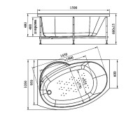 Акриловая ванна Radomir Монти Релакс 150x105 см, угловая, правая, пристенная, с гидромассажем, белая, асимметричная, с каркасом, с экраном, с сиденьем, со сливом-переливом