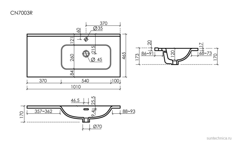 Раковина накладная мебельная Ceramicanova Element прямоугольная 101 см с чашей справа с отверстием под смеситель цвет белый CN7003R