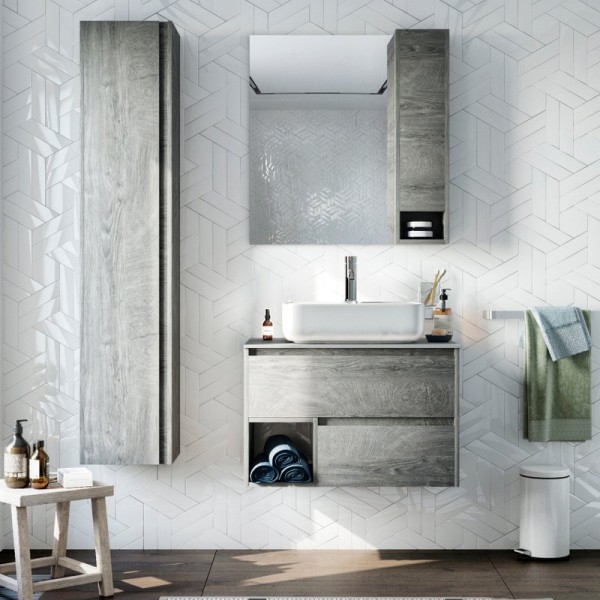 Мебель для ванной комнаты STWORKI Карлстад 75 дуб рошелье, роверелла, в стиле лофт, под дерево, подвесная, серая