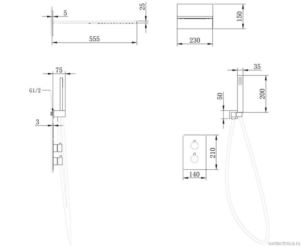 Душевой комплект Abber Weiss Insel AF8052B С ВНУТРЕННЕЙ ЧАСТЬЮ, матовый черный
