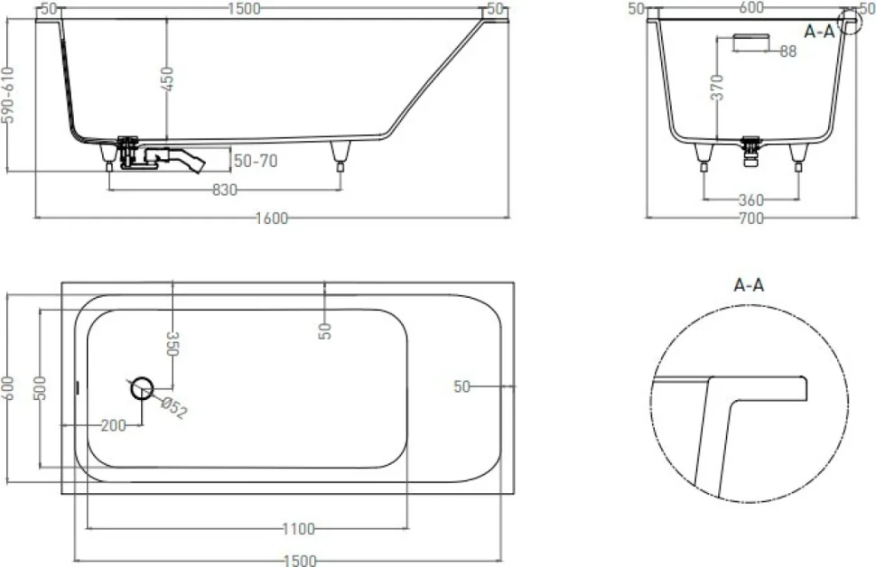 Ванна из искусственного камня Salini Orlanda Kit S-Stone 160x70 см, встраиваемая, матовая белая, на ножках, со сливом-переливом, с донным клапаном