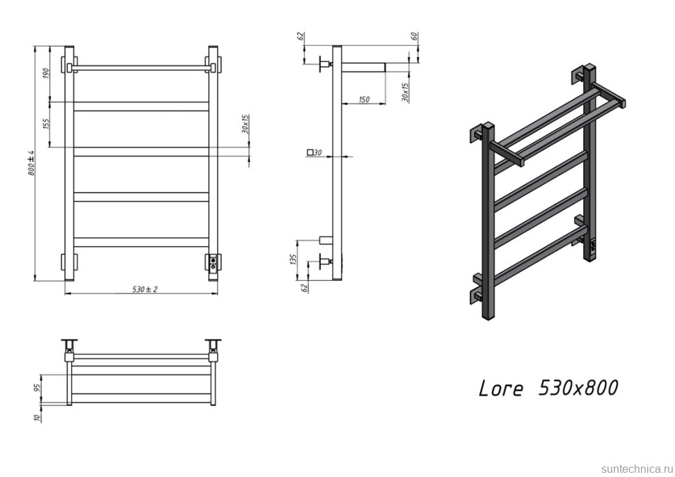 Полотенцесушитель электрический Grota Lore 530х800 RAL9016 EL 80x55 см, подключение справа, слева, скрытое подключение справа, матовый белый, лесенка, из стали, с полкой