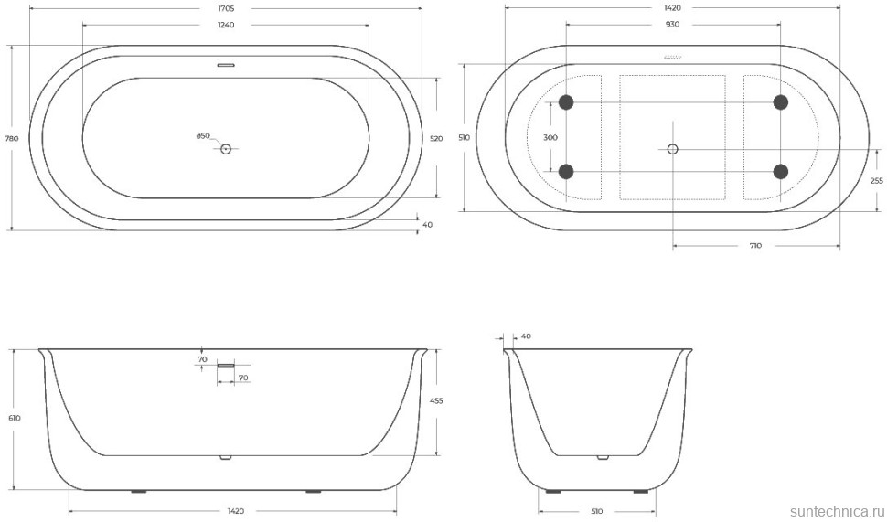 Акриловая ванна BelBagno BB709-1700-780 170x80 см, отдельностоящая, белая, овальная, со сливом-переливом, с донным клапаном