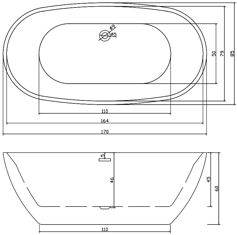 Акриловая ванна Ceruttispa D'lseo 170x80 см, отдельностоящая, черная, овальная, с каркасом, со сливом-переливом