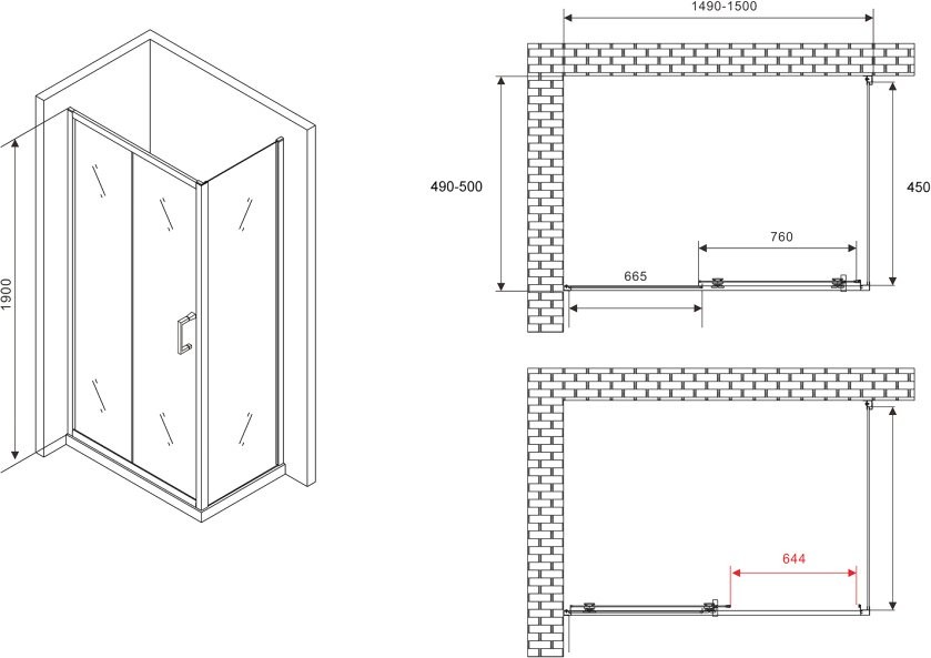 Душевой уголок Abber Schwarzer Diamant AG30150B5-S50B5 150x50, профиль черный, стекло прозрачное