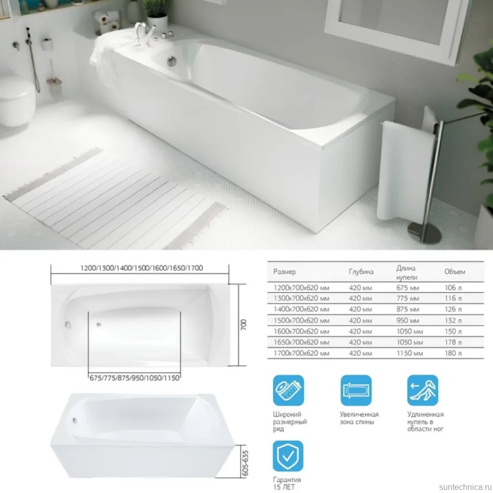 Акриловая ванна 1MarKa Elegance Стандарт 2 150x70 см, встраиваемая, белая, с каркасом, со сливом-переливом