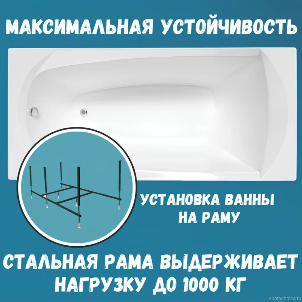 Акриловая ванна 1MarKa Elegance Стандарт 2 150x70 см, встраиваемая, белая, с каркасом, со сливом-переливом