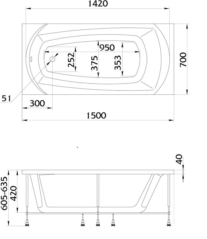 Акриловая ванна 1MarKa Elegance Стандарт 2 150x70 см, встраиваемая, белая, с каркасом, со сливом-переливом