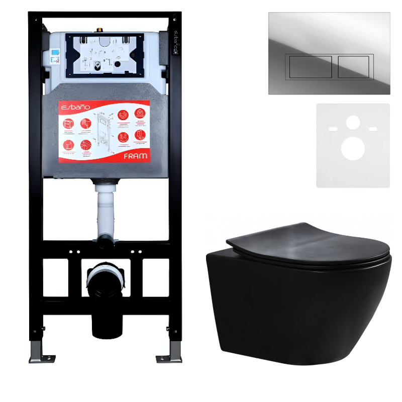 Комплект Унитаз подвесной Esbano Amapola ESUPAMAPBM матовый черный + Инсталляция Fram + Кнопка ESINPRK12SC