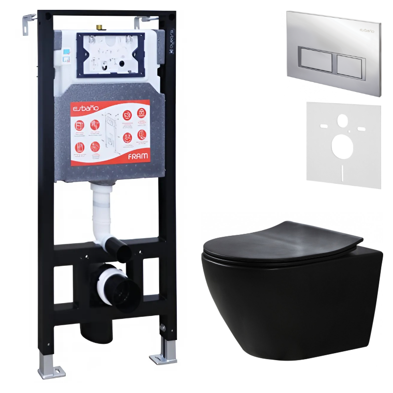 Комплект Унитаз подвесной Esbano Amapola ESUPAMAPBM матовый черный + Инсталляция Fram + Кнопка ESINPRK12SC
