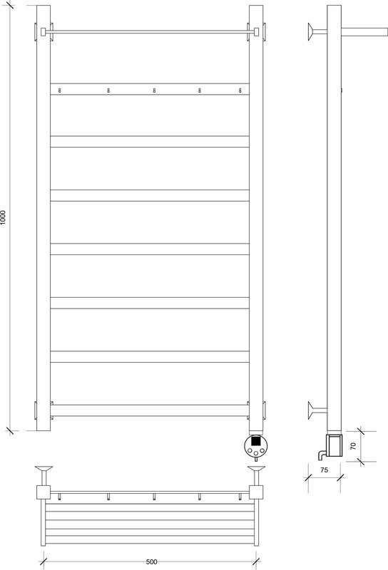 Полотенцесушитель электрический Secado Корсико 1 КСП R 105x55 см, подключение справа, хром, лесенка, с полкой
