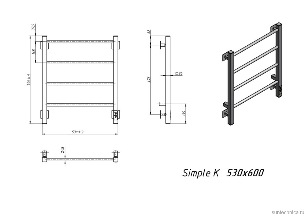 Полотенцесушитель электрический Grota Simple K RAL9005 EL 53х60, матовый черный