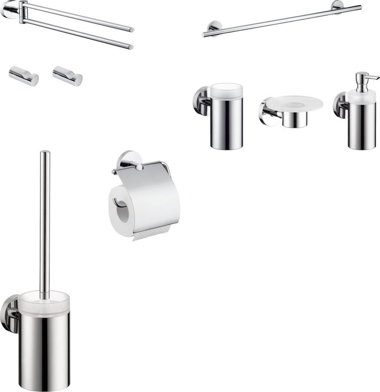 Набор Мыльница Hansgrohe Logis + Дозатор + Стакан + Полотенцедержатель 40512000 двойной + Полотенцедержатель 60 см + Ершик + Держатель с крышкой + Крючок
