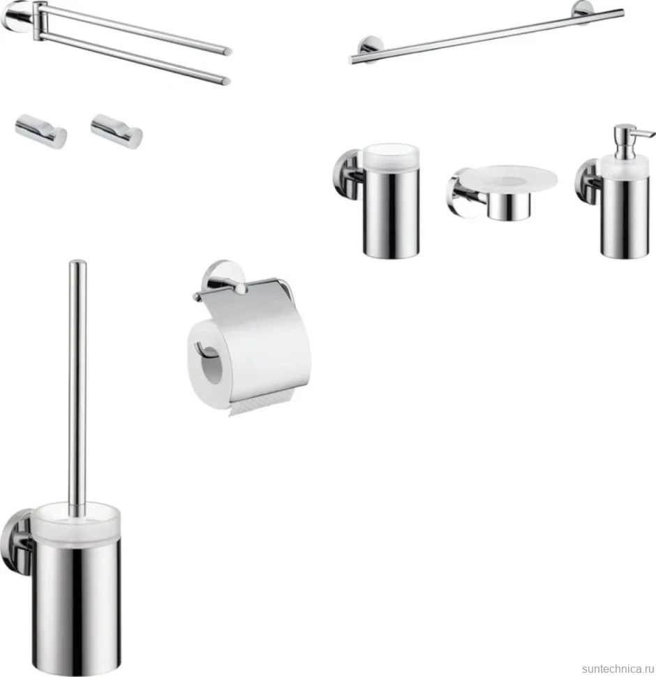 Набор Мыльница Hansgrohe Logis + Дозатор + Стакан + Полотенцедержатель 40512000 двойной + Полотенцедержатель 60 см + Ершик + Держатель с крышкой + Крючок