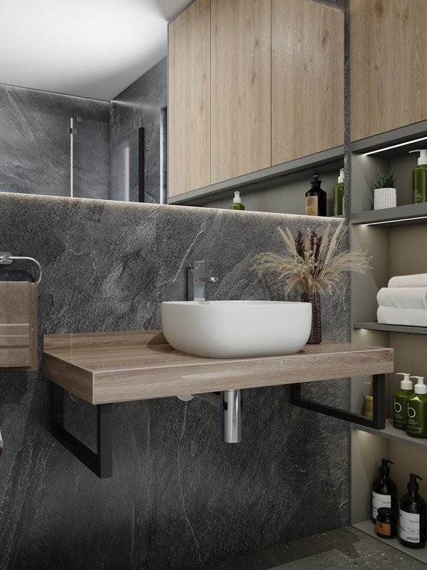 Столешница с раковиной Teymi Helmi 100 дуб кашмир, раковина Solli 41,  с черными кронштейнами