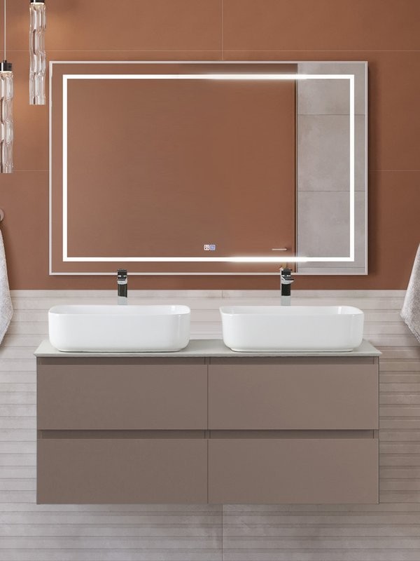 Мебель для ванной комнаты BelBagno Kraft 120 подвесная, матовая бежевая, столешница kep-120-2-cem, раковина BB1304, для двоих