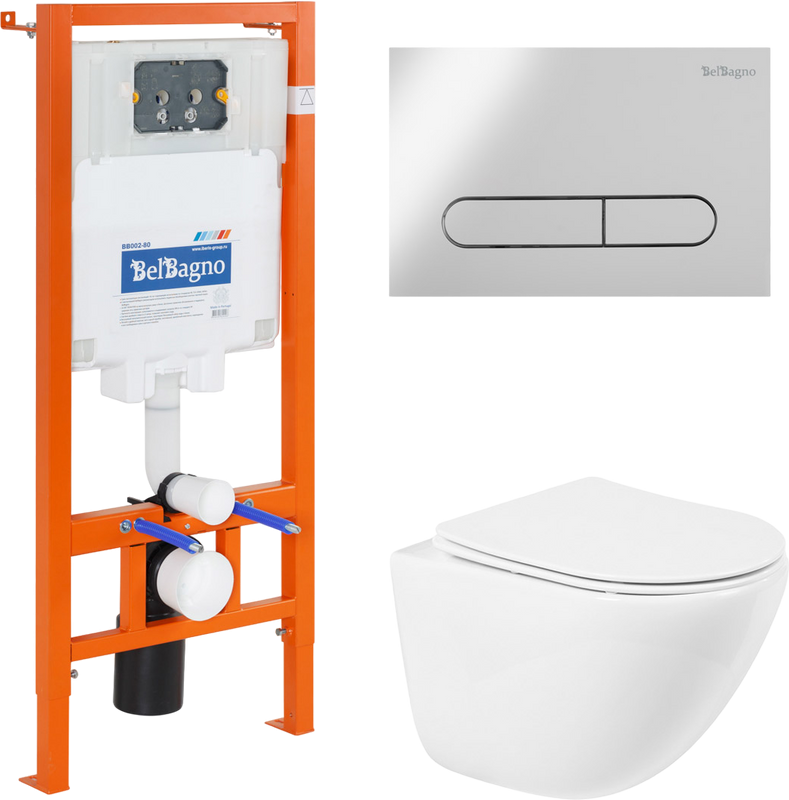Комплект Унитаз подвесной BelBagno Amanda BB051CHR безободковый, крышка BB051SC, инсталляция BB002-80 с кнопкой BB005-PR-CHROME