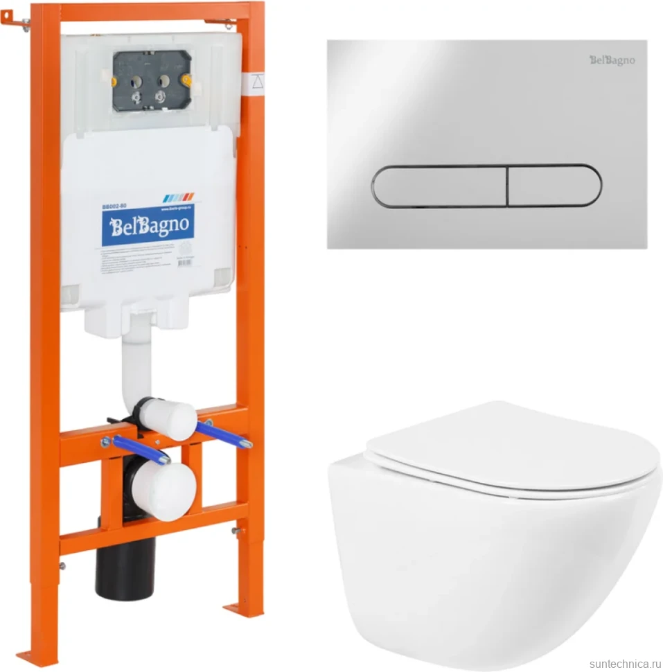 Комплект Унитаз подвесной BelBagno Amanda BB051CHR безободковый, крышка BB051SC, инсталляция BB002-80 с кнопкой BB005-PR-CHROME