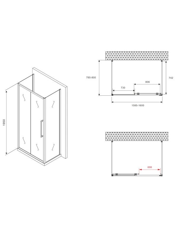Душевой уголок Abber Schwarzer Diamant AG30160BMH-S80BM-S80BM 160х80 см, профиль матовый черный, стекло матовое