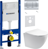 Комплект Унитаз подвесной AQUATEK Европа AQ1900-00 безободковый + Звукоизоляция Geberit + Инсталляция Duofix Delta 458.163.21.1 с кнопкой смыва, хром