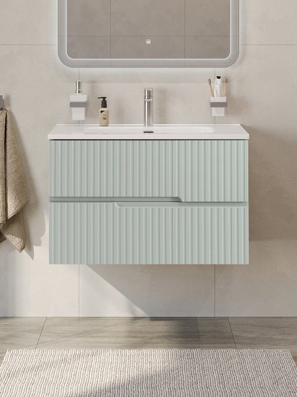 Тумба с раковиной Cezares Duet-n 80 подвесная, 2 ящика, жемчужная зеленая, раковина CZR-8095-80