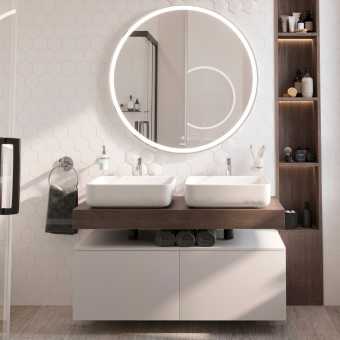 Мебель для ванной STWORKI Ольборг 120 столешница дуб карпентер, без отверстий, 2 тумбы 60 + 2 раковины STWORKI Soul 1 белой