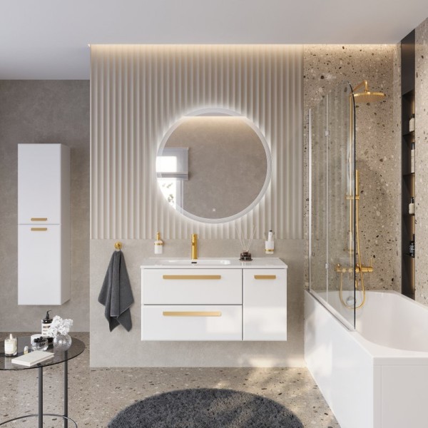 Мебель для ванной комнаты Cezares Eco Cer-N 100 L 2 ящика, 1 дверца, bianco lucido, раковина Duet 100 L, ручки сатиновое золото