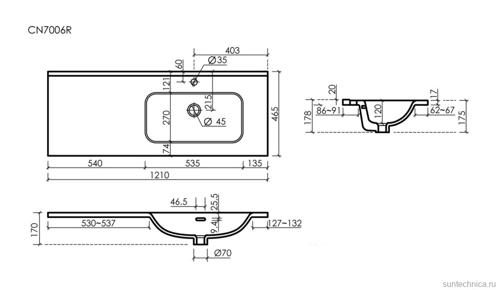 Раковина накладная мебельная Ceramicanova Element прямоугольная 121 с чашей справа с отверстием под смеситель цвет белый CN7006R