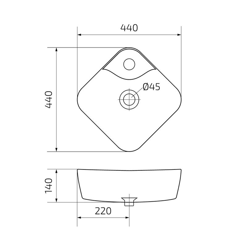 Накладная раковина GID Geometrico N9442 44 глянцевая белая, квадратная, фаянс, с 1 отверстием под смеситель