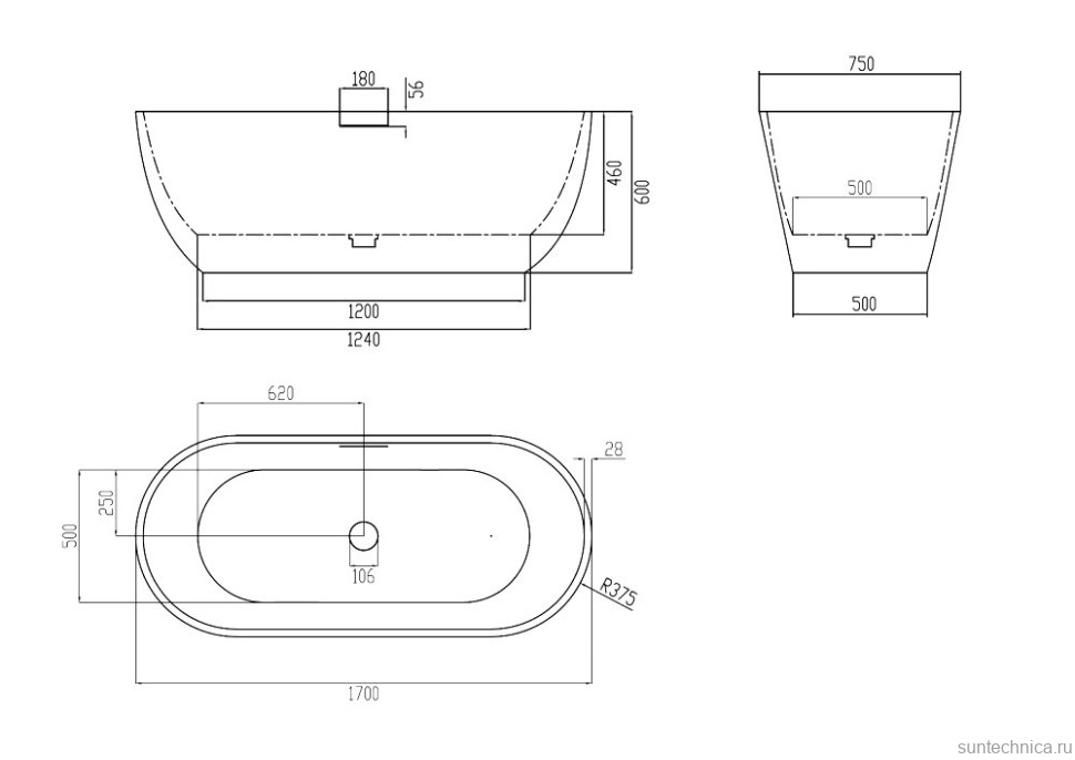 Ванна из искусственного камня Abber Frankfurt AM9941MBE 170x75 см, отдельностоящая, светло-бежевая, овальная, со сливом-переливом, с донным клапаном