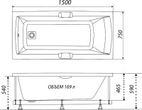Акриловая ванна Triton Алекса 150x75 см, пристенная, белая, с каркасом, с ручками