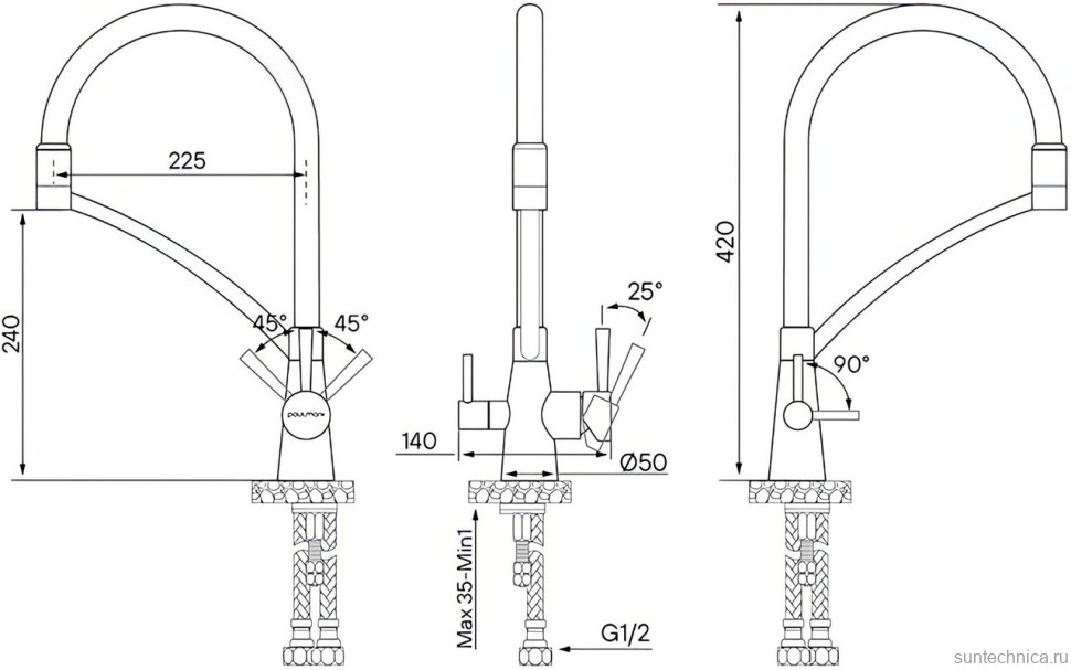 Комплект Мойка Paulmark Kroner PM215151-BS брашированная нержавеющая сталь + Смеситель Siegen Si213111-CRw хром, с гибким изливом + Измельчитель Intenso